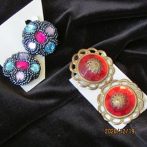 earrings 2 pair clip-on chunky 1-red &amp; gold 1-black-red-blue-white (jewel JJ)  - £5.44 GBP
