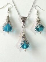 Victorian Silver blue jewelry set necklace earrings Boho set Silver set ... - $52.00