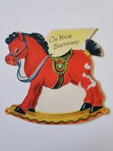 Vtg Hallmark Birthday Greeting Card Diecut Red Rocking Horse Green Saddle  - $5.00