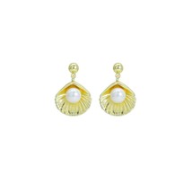 Gold White Pearl Shell Stud Earrings, Sku#LX782 - $6.90