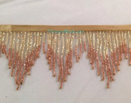 3&quot; GOLD/COPPER Glass Bugle Bead Chevron Ombre Beaded Fringe Trim Variegated - £11.05 GBP
