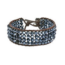 Shimmering Four Row Jet Black Luster Crystal Net Leather Bracelet - $15.04