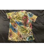 Prestige Edge Women’s Top Peacock Feather Leopard Print Short Sleeve Sz XL - $18.16 CAD