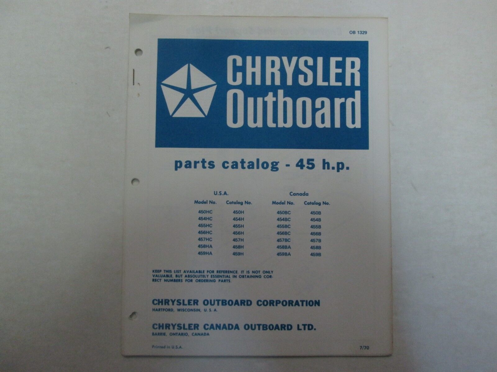 1970 Chrysler Outboard 45 HP Parts Catalog Manual Factory OEM OB 1329 - $9.69