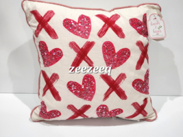 Hearts &amp; Kisses Valentines Pink Hearts Beaded Throw Pillow Home Decor 12&quot; x 12&quot; - £27.77 GBP