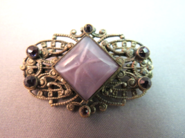 VTG Art Nouveau Style Brooch Purple Glass Star Rhinestones Silver Gray Filigree - £26.37 GBP