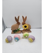 2 Mud Pie Burlap Covered Wooden Easter Rabbit 4 Raffia eggs - $29.95