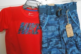 Blue Camouflage  Shorts &amp; Orange NIKE AirDri Top Shirt Size Boys 4 - £28.52 GBP