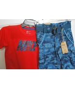 Blue Camouflage  Shorts &amp; Orange NIKE AirDri Top Shirt Size Boys 4 - $48.82 CAD