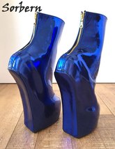 Royal Blue Metallic Ankle Boots For Women Hoof Heelless Short Ladies Boots Platf - £283.65 GBP