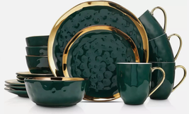 Porcelain 16 Piece Dinnerware Set, Service for 4, Green and Golden Rim - $70.00
