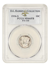 1936-S 10c PCGS MS66 FB (FS-110) ex: D.L. Hansen - $1,858.76