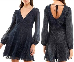 B. Darlin Women Chiffon Mini Fit &amp; Flare Glittery Bishop Sleeve Dress (7... - $24.74
