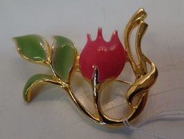 Goldtone Pink &amp; Green Enamel Brooch Pin Apx 2&quot; By 1.5&quot; Unbranded No Stamp - £11.84 GBP