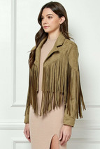 Veveret Suede Fringe Long Sleeve Moto Jacket - £52.44 GBP