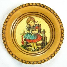 Vintage Hummel 6.5&quot; Round Wood Wall Plaque School Girl w/ Puppy - £10.38 GBP