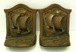 Vtg Heavy Metal Pair Bookends Clipper Ship Sailing Boat Nautical Bronze Color - £12.35 GBP