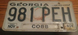 Vintage Georgia Cobb County License Plate 981 PEH Black Letters - $15.99