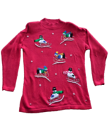 Vintage Ugly Christmas Sweater SNOWMEN SLEDDING with Shoulder Pads Size L - $29.95