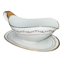 Heinrich H&amp;C Gravy Boat w/ Attached Underplate HC383 White w/ Gold Scroll Anmut - £25.79 GBP