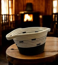 Large Cotton Rope Basket Bin Black &amp; White Storage Organizer with Handles - £18.74 GBP