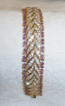 Vintage Gold Toned Bracelet Clear &amp; Pink Rhinestones Push Clasp 16-a - $2,389.03 MXN