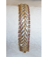 Vintage Gold Toned Bracelet Clear &amp; Pink Rhinestones Push Clasp 16-a - €109,76 EUR