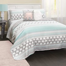 Lush Decor Pink-and-Turquoise Elephant Striped 5-Piece Quilt Bed Set, Full/Queen - £75.93 GBP