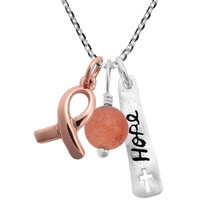 “Hope” Rose Gold Ribbon Pink Stone Multi Charms Sterling Silver Necklace - £21.73 GBP