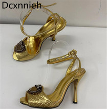 Woman Round Toe Stiletto Heel Sandals with Golden Crystal Metal Heart-shaped Bow - £96.59 GBP