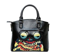 Fashion Cartoon PU Tote Handbag Shoulder Bag Messenger Bag Owl BLACK