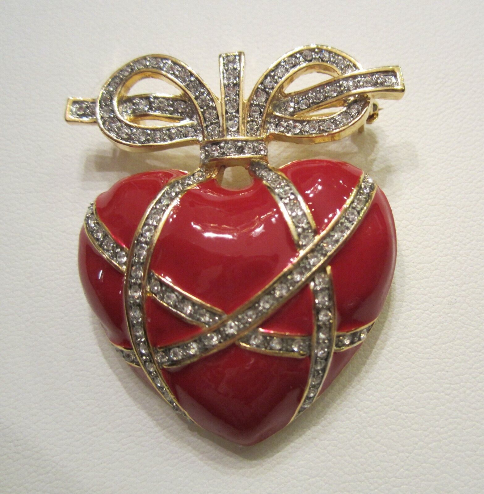 Primary image for Heart Brooch Pin Red Enamel Crystal Rhinestones Bow Royal Look Valentine's Day