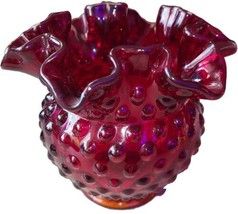 Vintage Fenton Deep Ruby Red Amberina Hobnail Ruffled Rose Bowl Vase  - $34.89