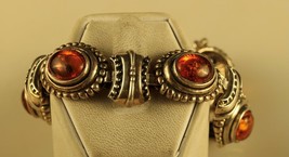 Vintage Sterling Signed 925 Cabochon Baltic Amber Stone Panel Link Bracelet sz 7 - £122.66 GBP