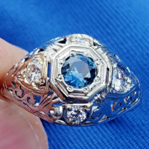 Earth mined Sapphire Diamond Deco Engagement Ring Vintage Solitaire 14k ... - $2,272.05