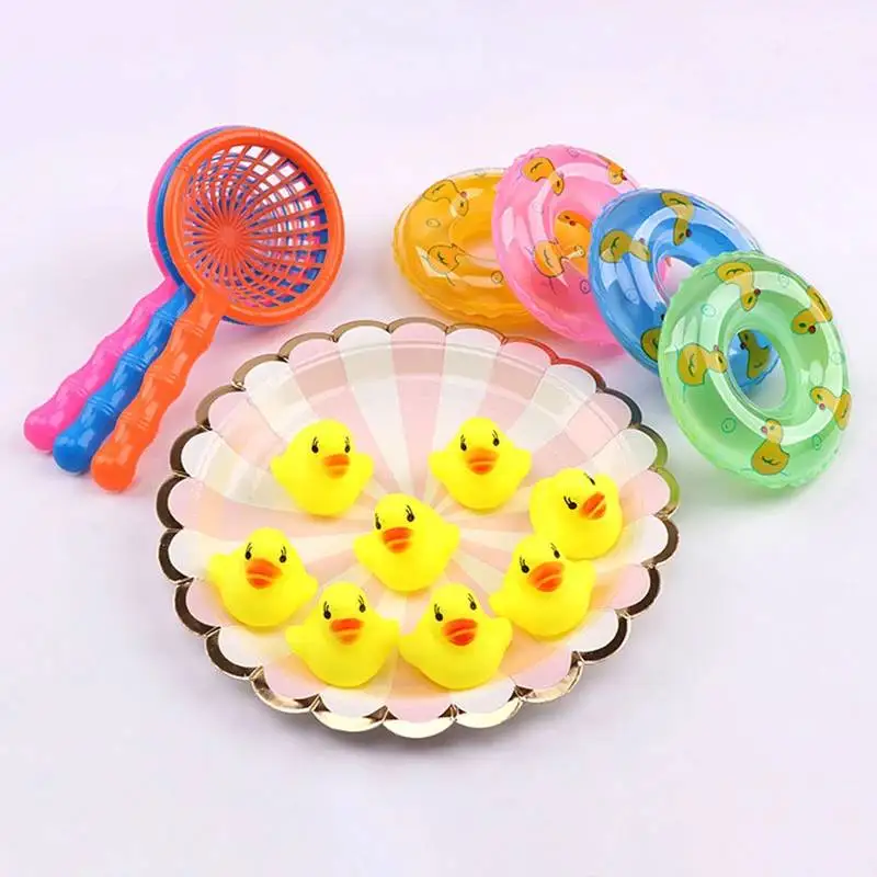 5pcs Yellow Ducks Set Kids Bath Toy Washing Mini Swimming Rings Floating Fishing - £8.80 GBP