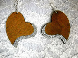 Xl Medium Brown Shaped Heart W Silver Glitter Real Wood Dangling Earrings - £6.31 GBP