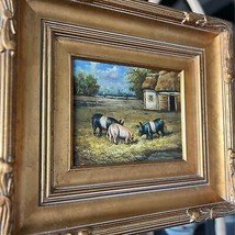 Vintage Barnyard Farm Pigs Oil Painting Frame Ornate Gold Leaf Primitive Country - £199.21 GBP