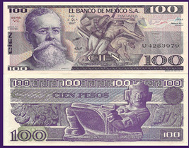 Mexico P74c, 100 Pesos, Carranza, &quot;La Trinchera&quot; painting / Chac Mool UN... - £1.59 GBP