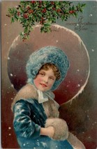 Christmas Beautiful Victorian Girl Blue Hat Coat Snow Flocked Moon Postc... - $14.95