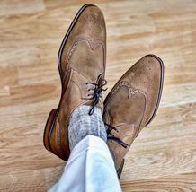 Handmade Men&#39;s Suede Leather Brown Oxfords Wingtip Finest Wedding Wear S... - £127.09 GBP