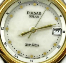 Pulsar Solar V182-0A40 Date Gold T Silver T Watch WR 50m Quartz New Batt Ladies - £30.08 GBP