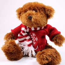 Animal Adventure Brown Teddy Bear Red Knit Sweater &amp; Scarf Fuzzy Plush Bear 2009 - £9.69 GBP