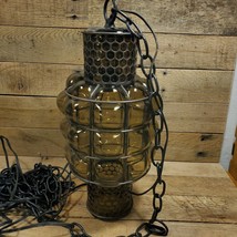 Vintage MCM  Glass Metal Cage Hanging Swag Lamp Chandelier 70s Mid Century - £296.66 GBP