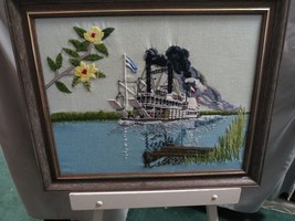 Vintage Dixie Queen Paddle Wheel Steamboat Framed Needle Point Embroidery 23&quot;L - £31.82 GBP