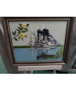 Vintage Dixie Queen Paddle Wheel Steamboat Framed Needle Point Embroider... - £31.64 GBP