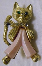 Fancy Pants Anthropomorphic Cat Vintage Figural Brooch Pin Gold Tone Pink - £26.33 GBP
