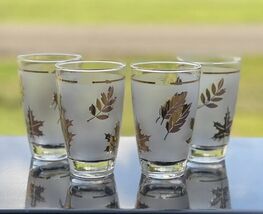 4 Vintage 1960 Libbey Frosted Gold Leaf 8oz Drinking Glasses Juice Water - $32.17