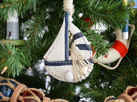 [Pack Of 2] Wooden Rustic Blue Sailboat Model Christmas Tree Ornament - £58.27 GBP