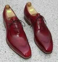 Handmade Men&#39;s Leather Oxfords Maroon Plain Toe Party Wear Lace Up shoes - £119.89 GBP+